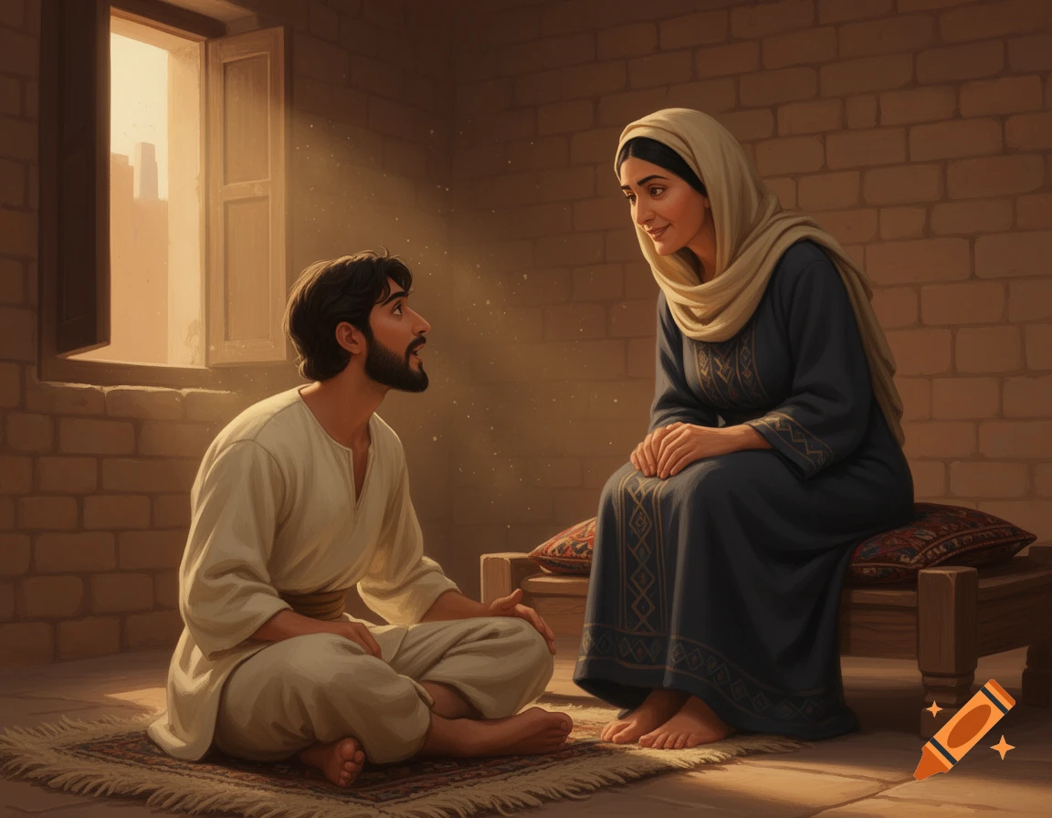A digital painting of a Middle Eastern man and woman in historical attire sitting in a brick room with light streaming through a window.