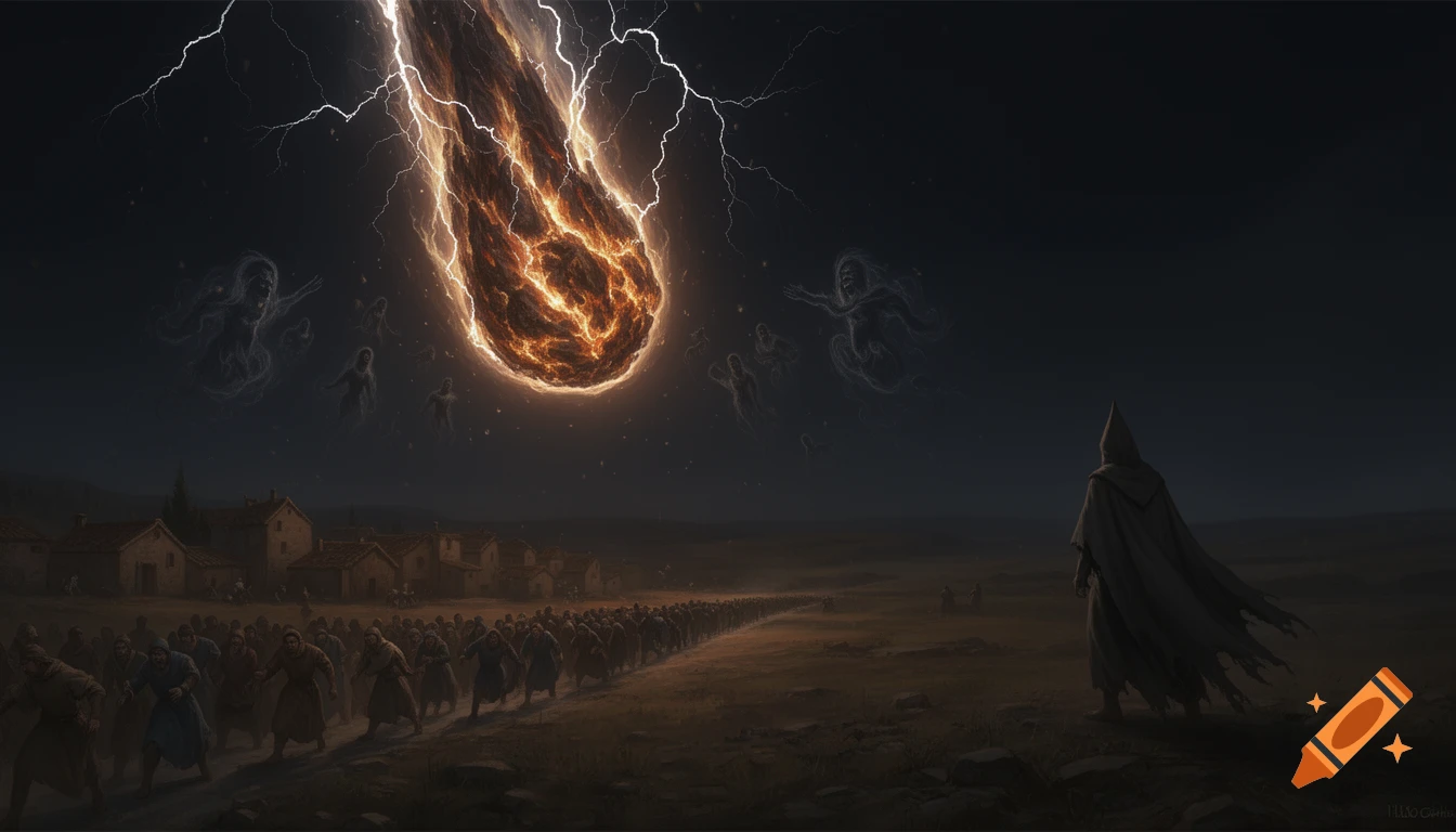 A massive fiery meteor with lightning descends upon a panicked village with fleeing people, while wispy spirits swarm as a hooded figure watches.