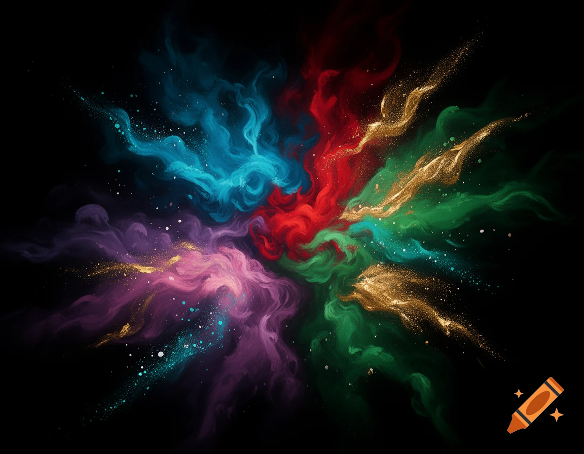Vibrant abstract explosion of colorful smoke and glitter against a dark background.