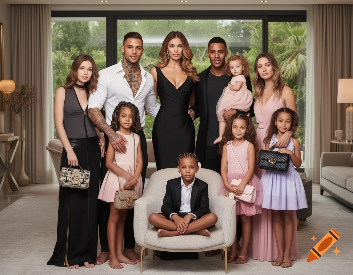 A large, diverse family poses in a modern, luxurious living room. The adults and children wear stylish attire, and several carry designer handbags.