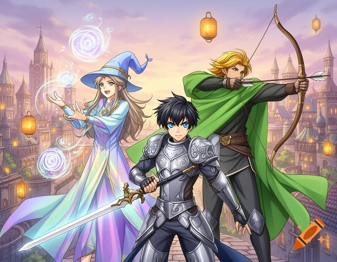 Anime illustration of a mage, knight, and archer, an adventuring party, in front of a sprawling fantasy city.