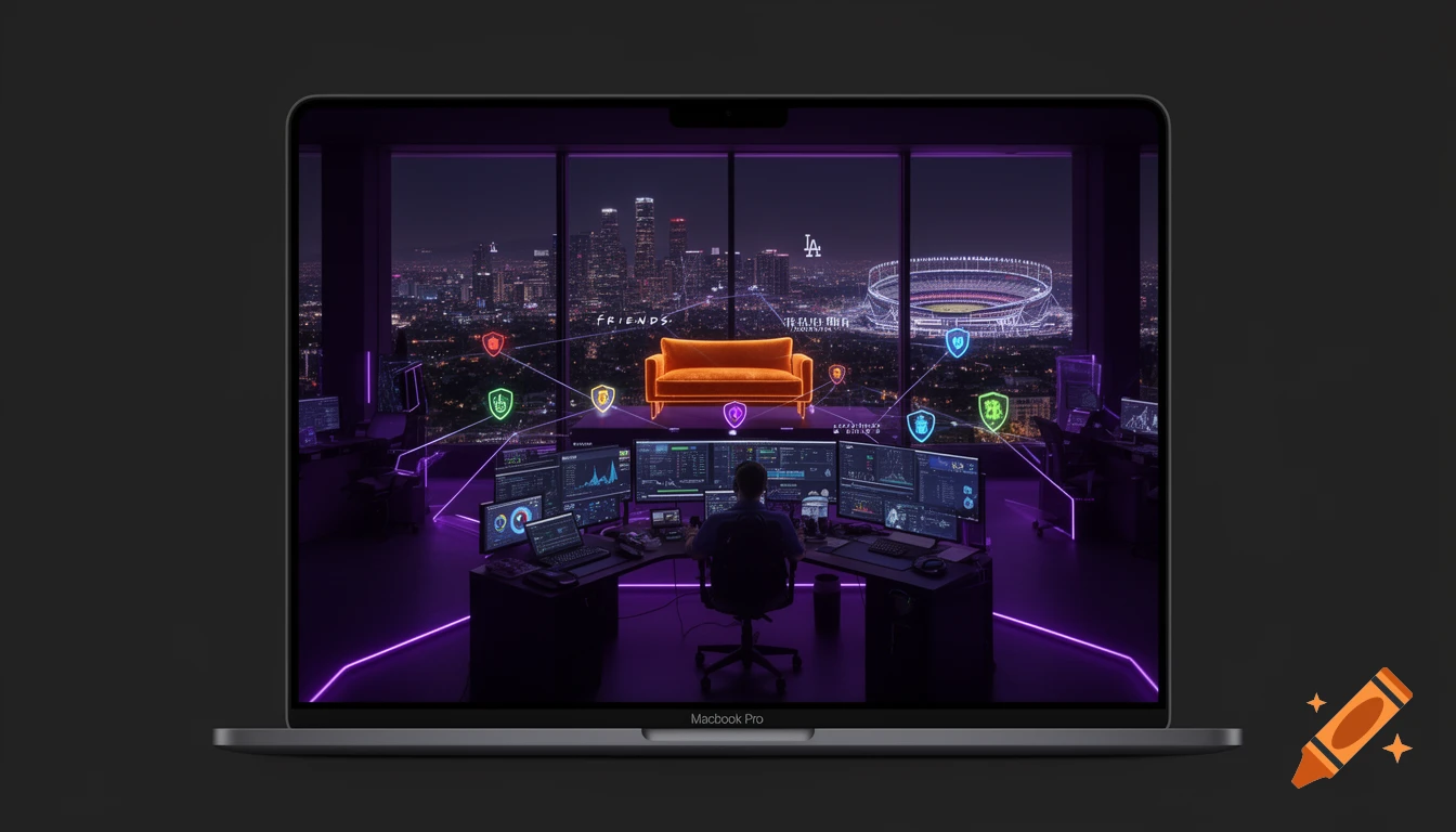 A person monitors multiple screens in a dark, futuristic cybersecurity center overlooking a neon-lit city at night, with an orange couch and security icons.