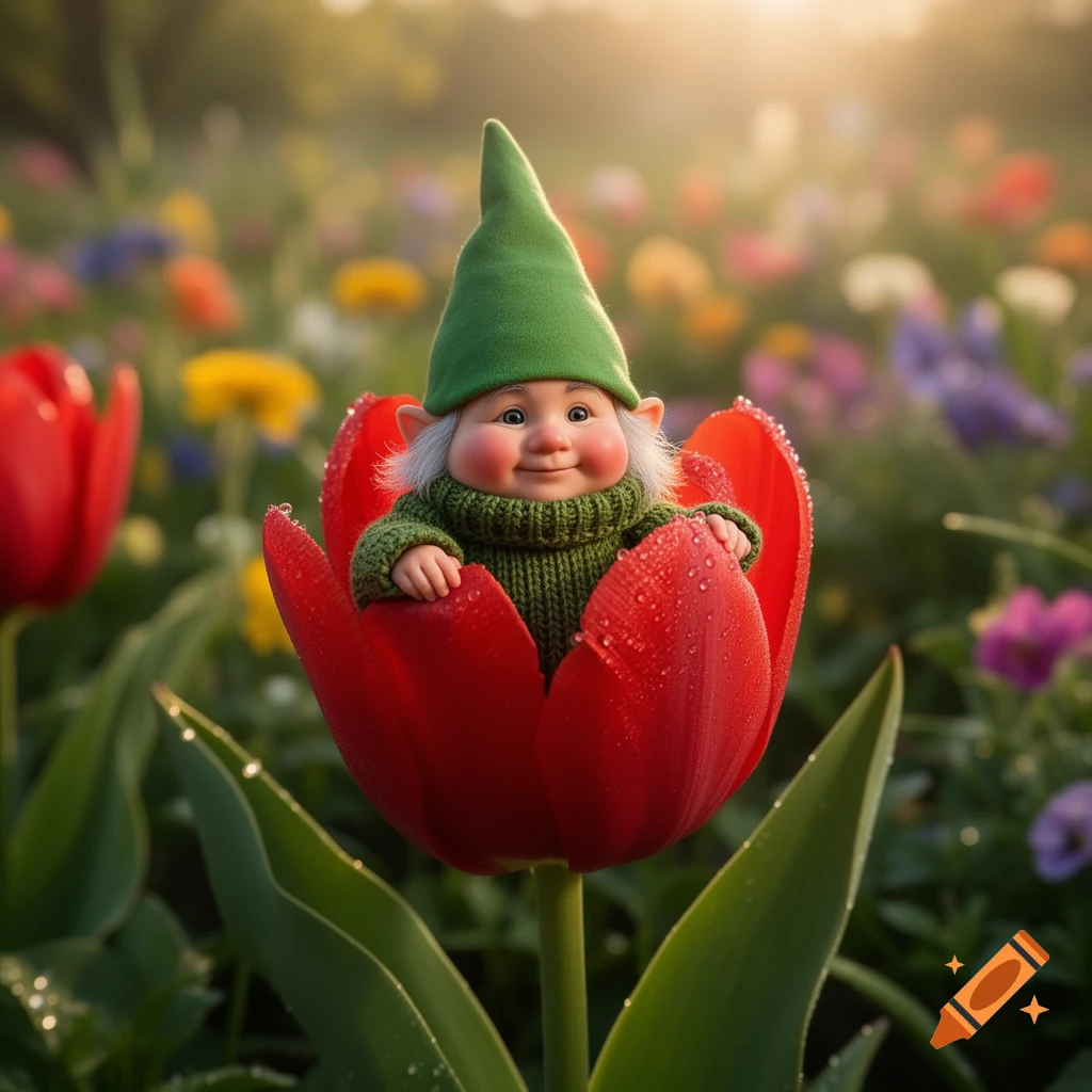 A cute gnome wearing a green hat and sweater peeks out from a red tulip in a sunlit flower garden with dewdrops.