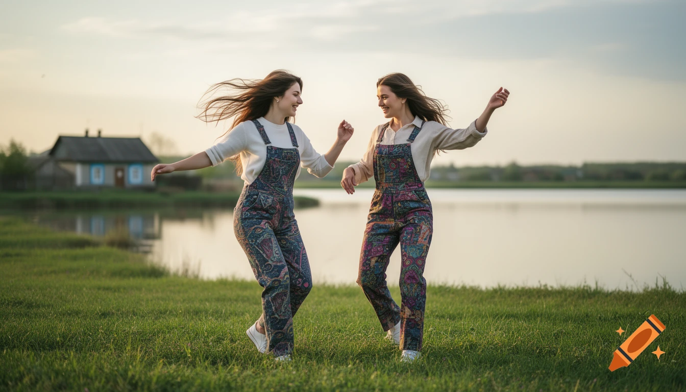 Two smiling young women in patterned dungarees happily dance in a grassy field by a calm lake with a house in the background at sunset. Photorealistic.
