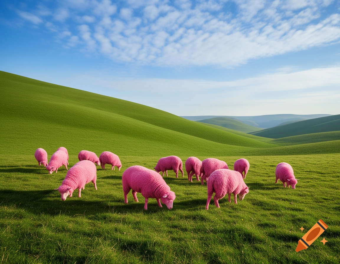 Pink sheep graze on a bright green hillside under a blue sky with white clouds.