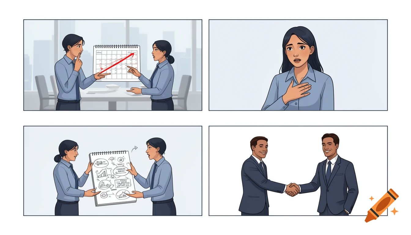 A 4-panel storyboard in flat vector art. Colleagues discuss a calendar, a woman expresses concern, two discuss a notepad, and two men shake hands.