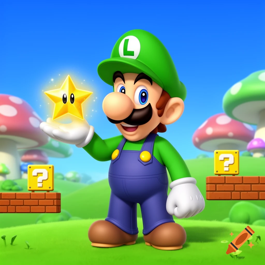 Luigi, wearing his green hat and overalls, happily holds a glowing gold star in a vibrant Super Mario landscape.