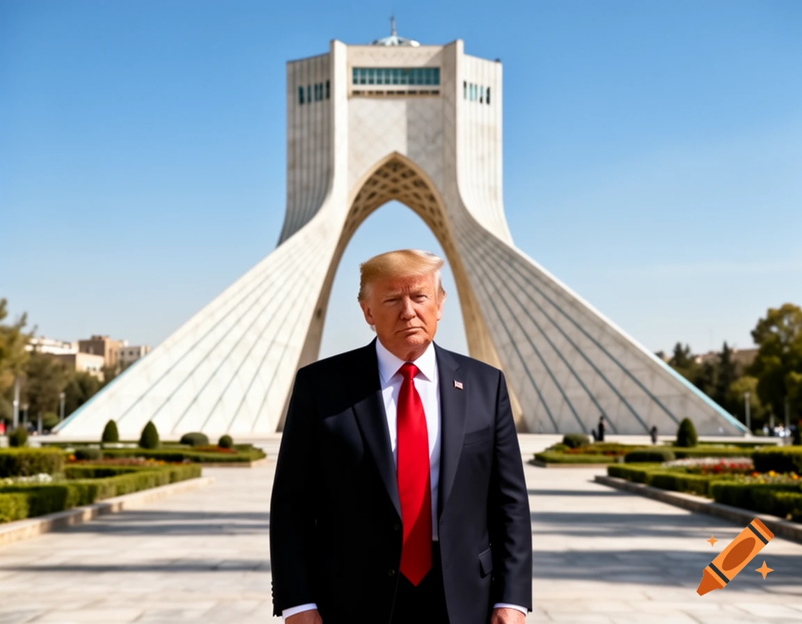 Photorealistic image of Donald Trump standing in front of the Azadi Tower in Tehran under a clear blue sky.