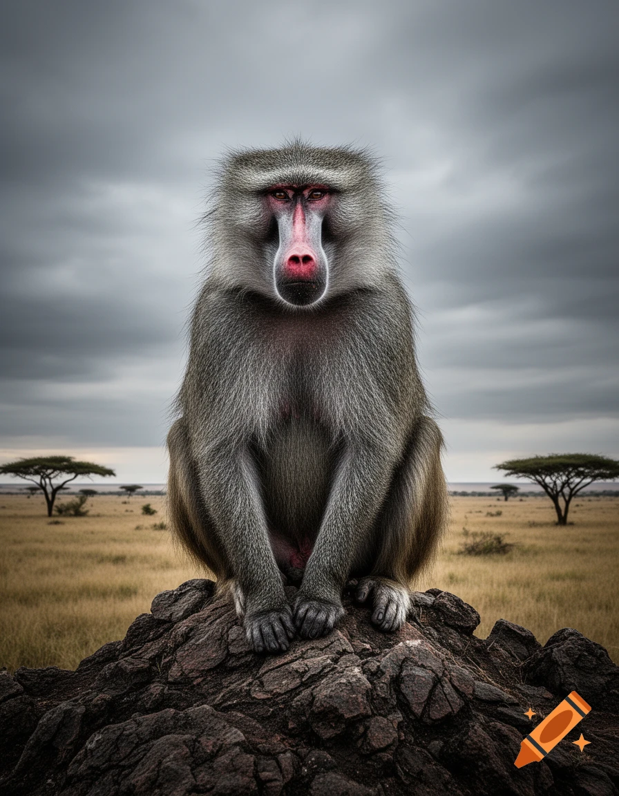 A close-up, photorealistic image of a large baboon with a pink face, sitting upright on a dark rock, looking directly forward. A wide savanna with acacia trees and a cloudy sky is in the background.