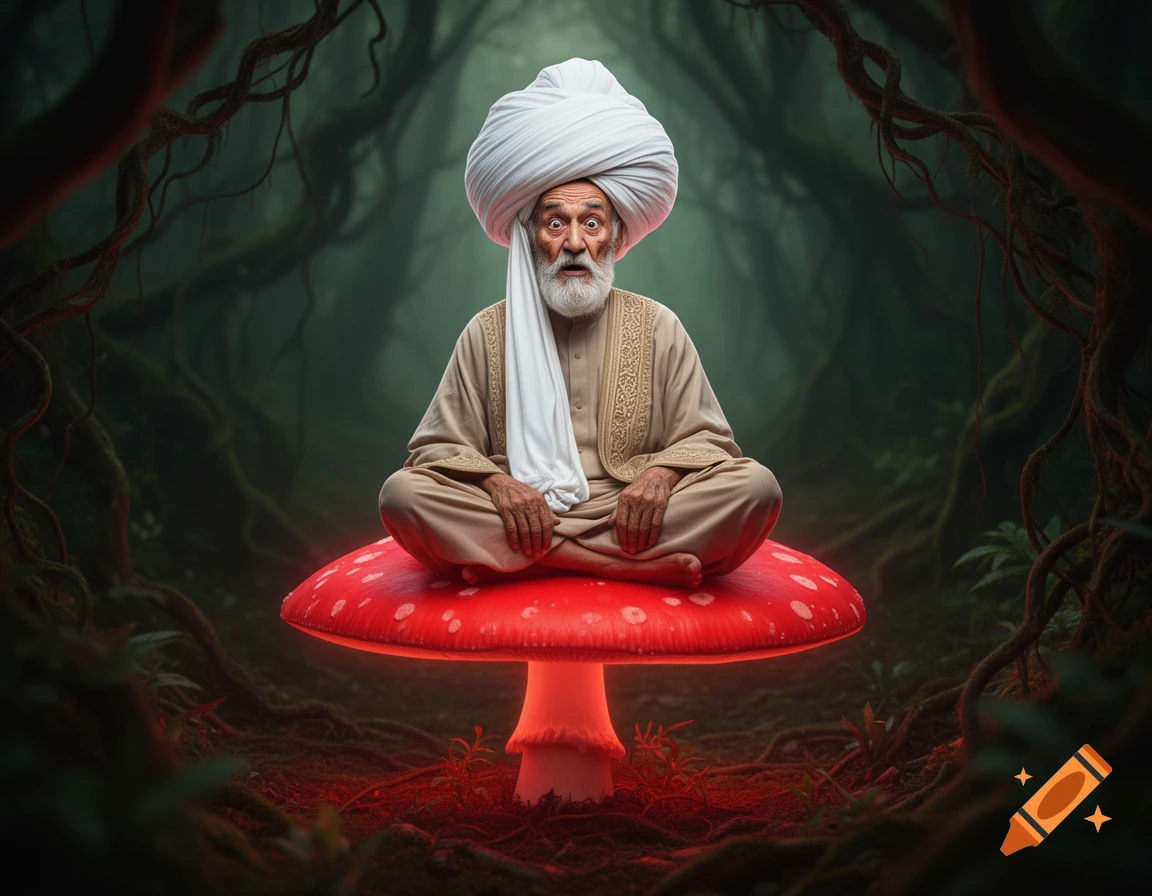 A bewildered old man in a white turban sits cross-legged on a giant glowing red mushroom in a dark, mystical forest.