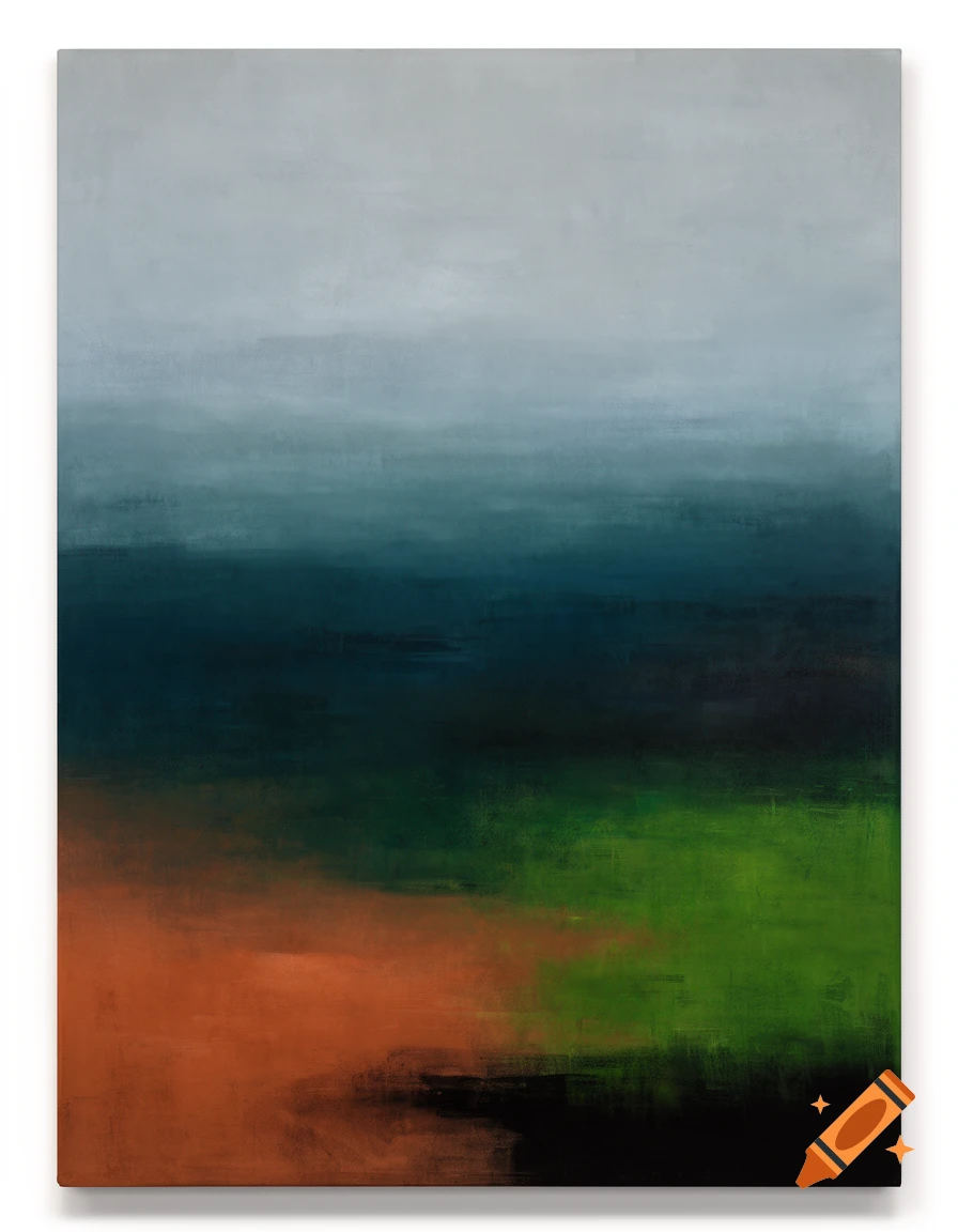 Abstract painting featuring horizontal bands of light grey, deep teal, burnt orange, vibrant green, and dark black.