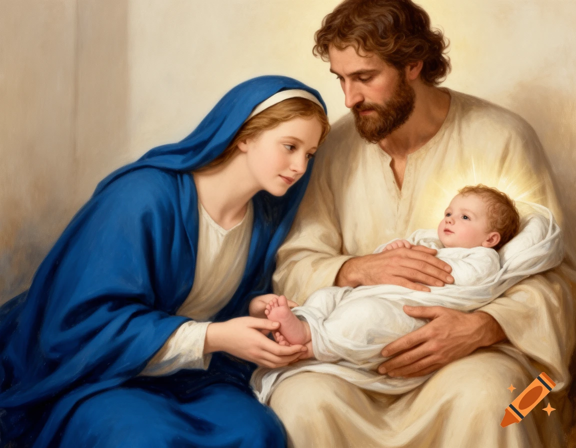 Classical painting of Joseph holding baby Jesus, as Mary looks on, gently touching the baby's feet.