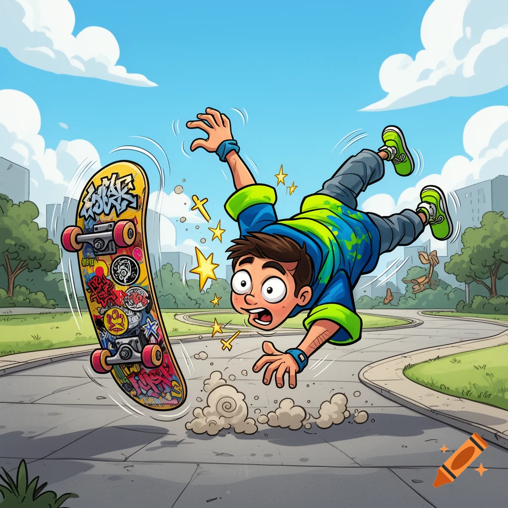A wide-eyed cartoon boy tumbles backward off his skateboard on a paved path in a park, surrounded by yellow stars.