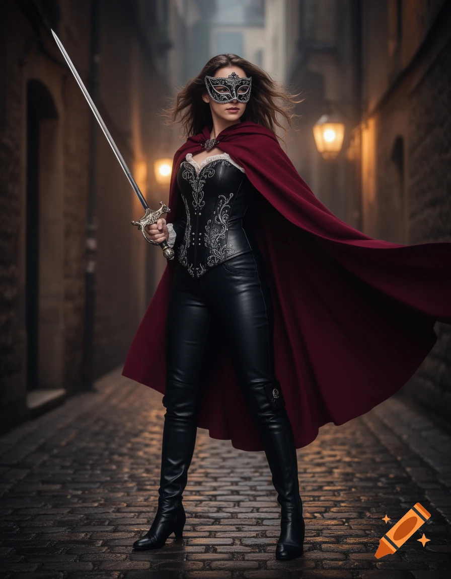 A masked woman in a black corset, red cape, and leather pants, holding a sword in a cobblestone alley, photorealistic.