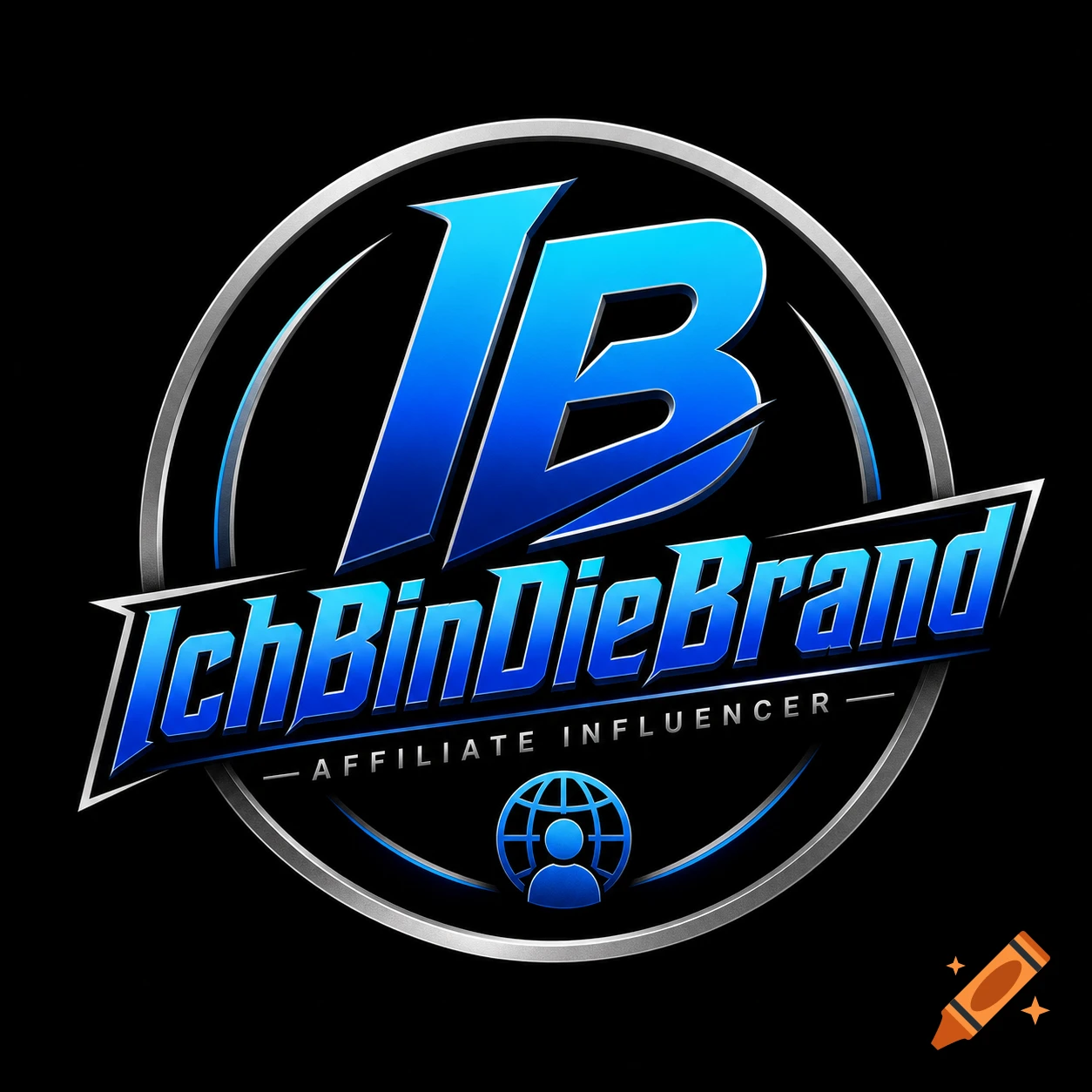 Blue and silver logo with letters IB, text 'IchBinDieBrand', 'AFFILIATE INFLUENCER', and a globe icon.