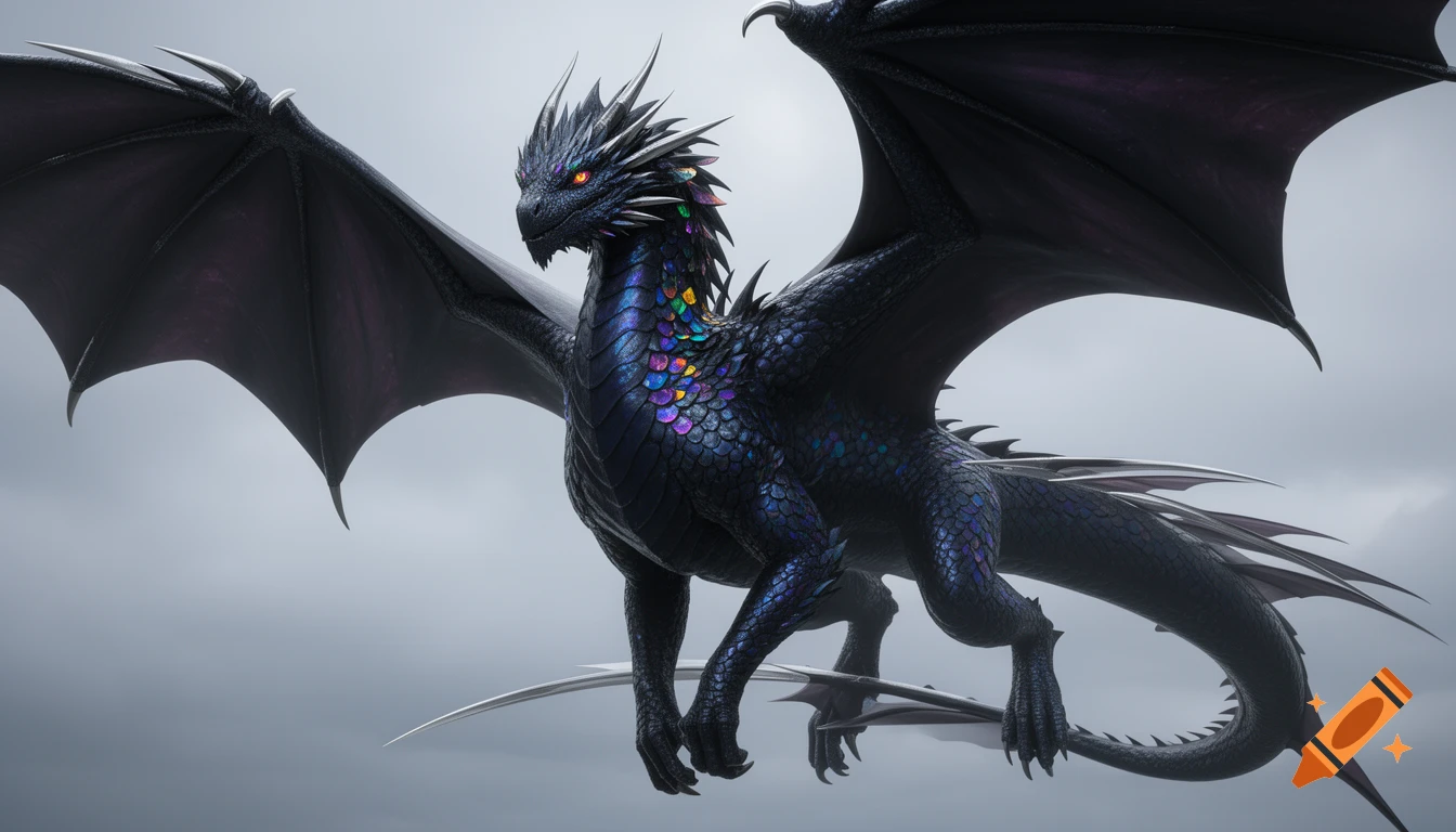 A majestic, hyper-realistic black dragon with iridescent scales and large wings soaring against a grey sky.