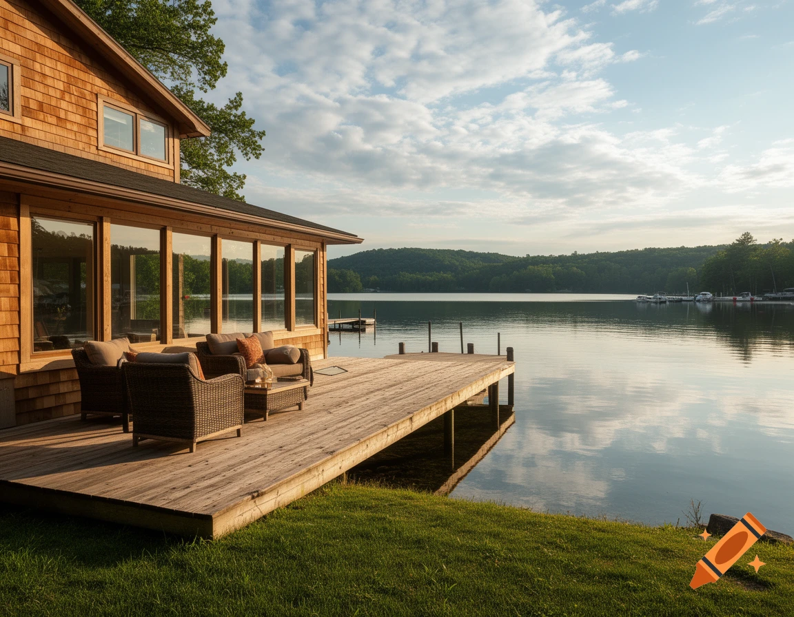 Photorealistic wooden lake house with a deck overlooking a tranquil lake with boats and forested hills under a partly cloudy sky.
