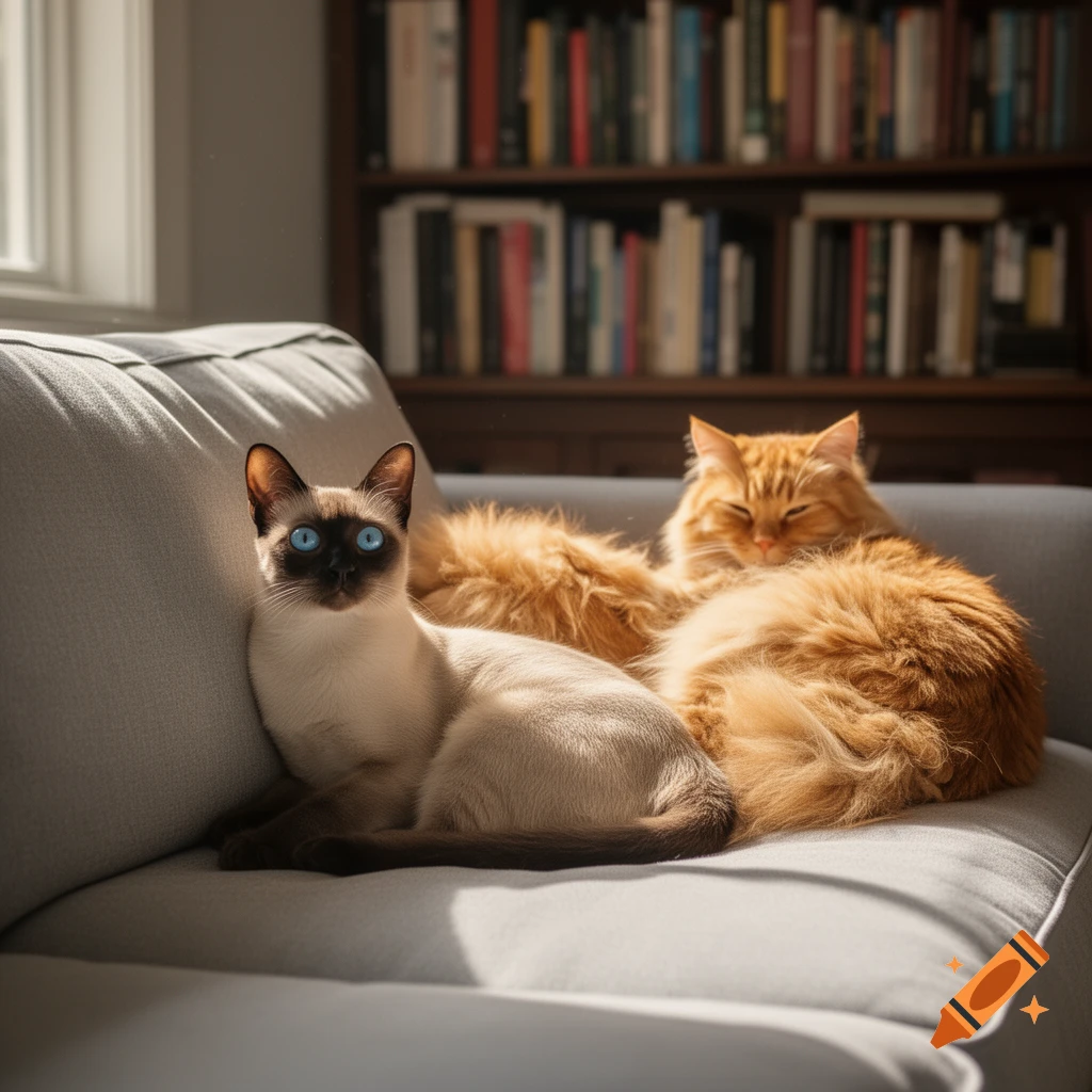 A Siamese cat and an orange cat lounge on a gray couch in a sunlit room with a bookshelf. Photorealistic.