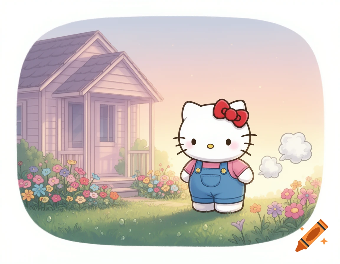 Cartoon Hello Kitty in blue overalls and pink shirt, with a red bow, stands outside a small house with colorful flowers, emitting small white clouds.