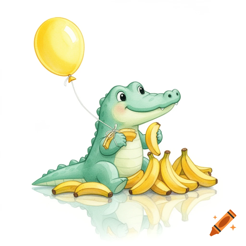 Cute watercolor illustration of a crocodile holding a banana and a yellow balloon, sitting by a pile of bananas.