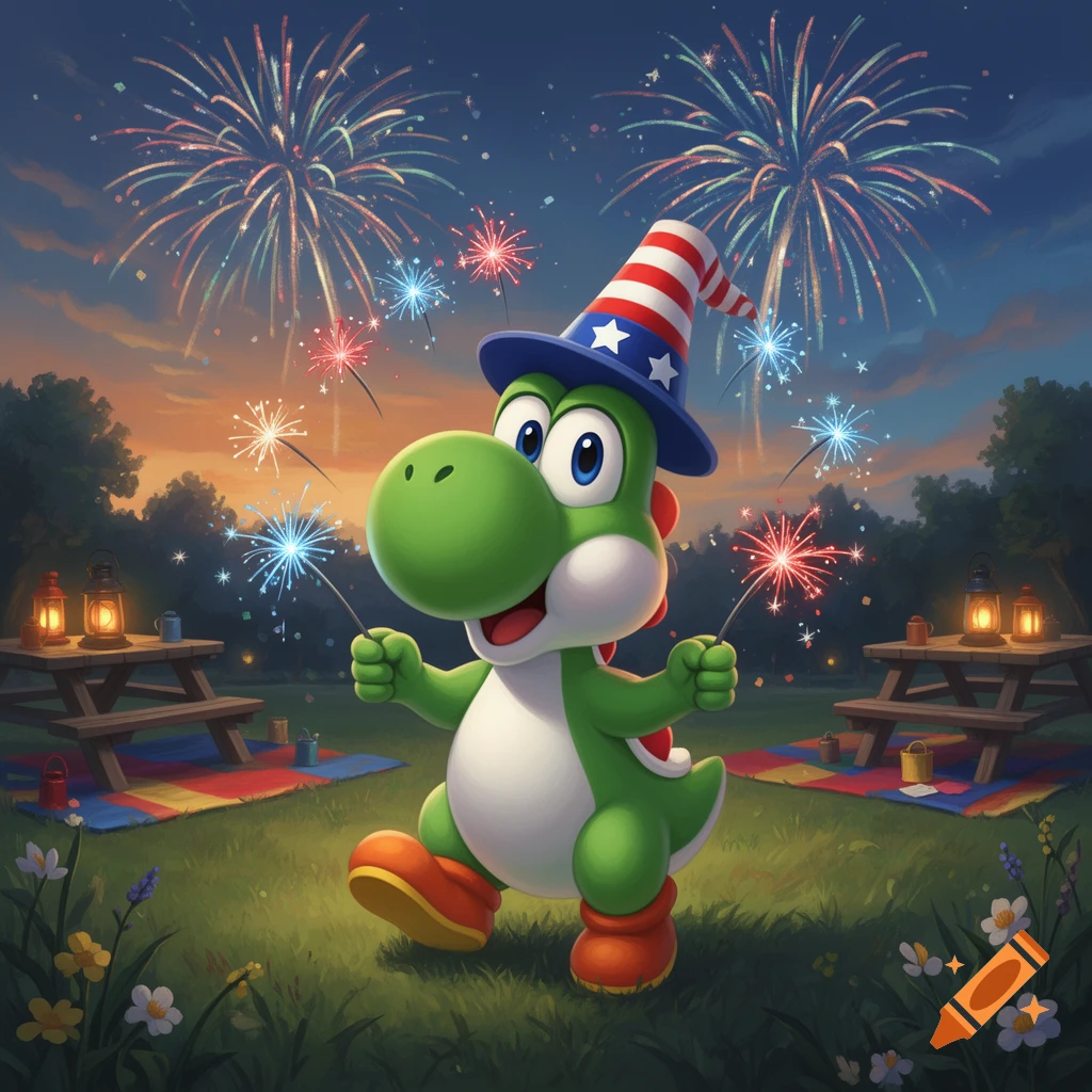 Yoshi wearing a patriotic hat holds sparklers in a park at dusk with fireworks exploding in the sky.