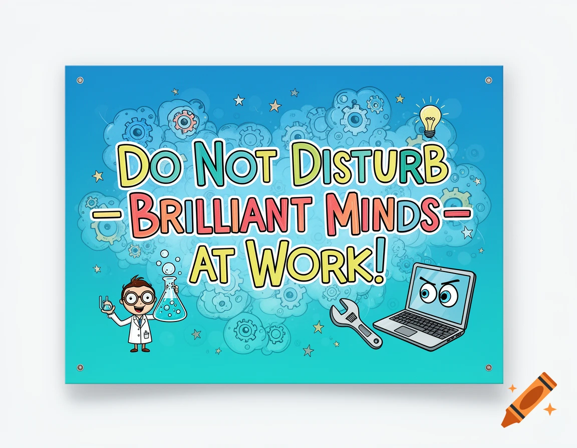 A colorful cartoon sign reads 'DO NOT DISTURB - BRILLIANT MINDS - AT WORK!', featuring a scientist, angry laptop, wrench, and lightbulb.