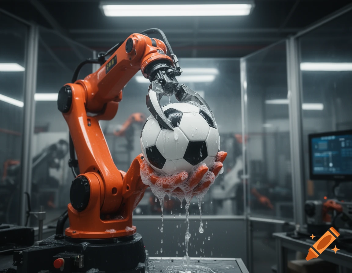 An orange robotic arm with a gripper washes a black and white soccer ball, with water and foam dripping, in a sterile laboratory setting.