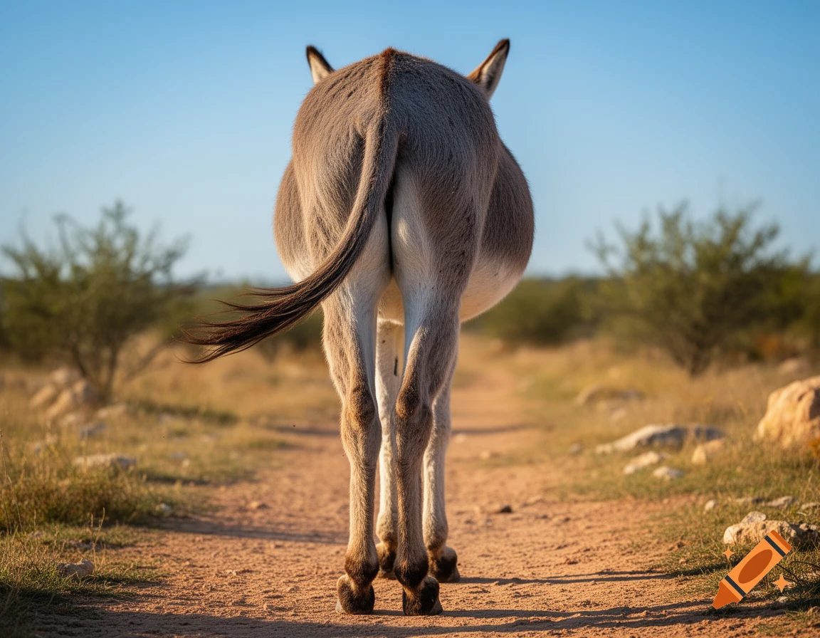 Photorealistic image of a donkey's back end with a long tail on a dirt path in a sunny, arid landscape.