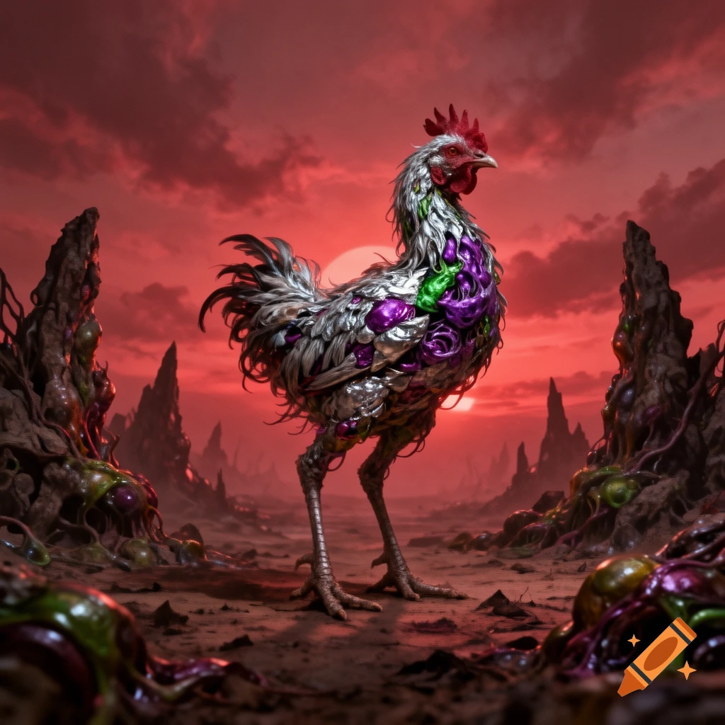 A grotesque chicken with metallic and organic purple and green textures stands in a desolate alien landscape under a red, cloudy sky.