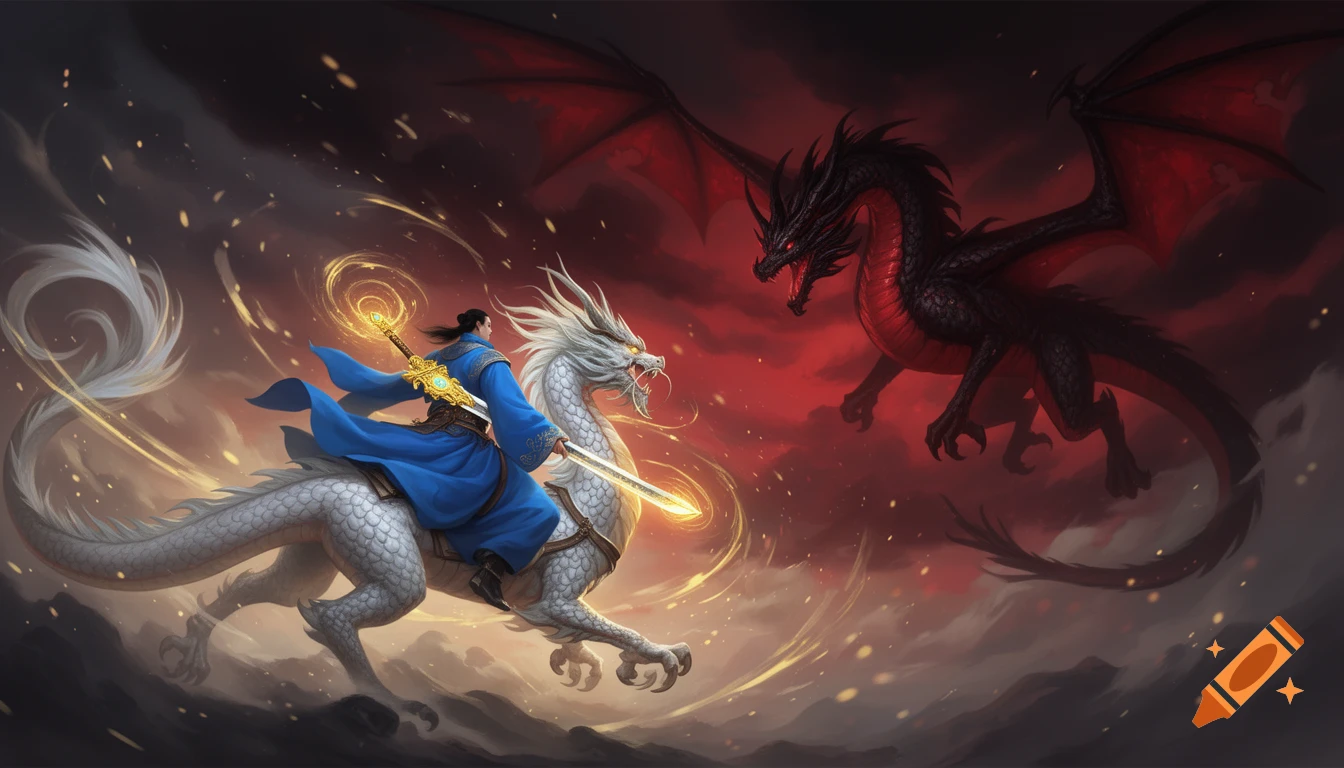 A hero in a blue robe rides a white dragon with a glowing sword, facing off against a fierce red and black dragon in a dark, fiery sky. Fantasy art.