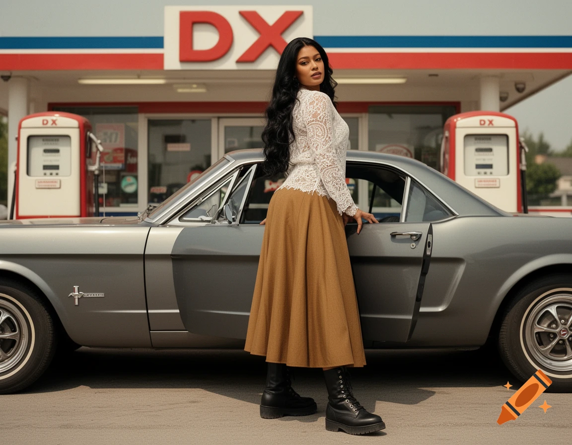 A woman with long black hair, wearing a white lace shirt, brown skirt, and black boots, stands next to a grey Mustang in front of a DX gas station.