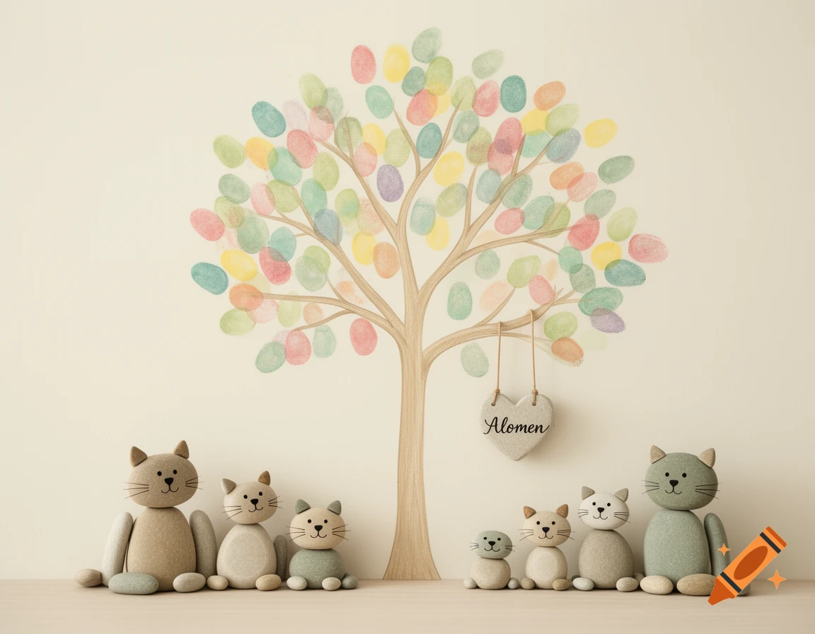 A family of stone cat figurines sitting below a tree with colorful fingerprint leaves and a heart sign reading 'Alomen'.