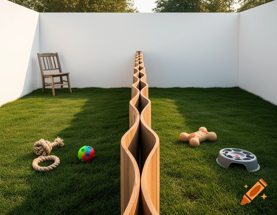 A grassy yard with white walls and a wavy wooden fence, featuring a chair and various dog toys on either side.