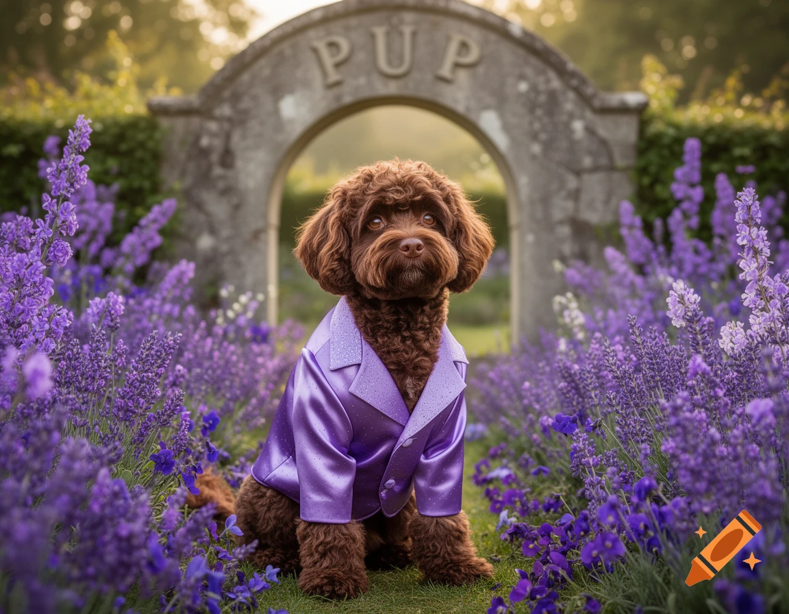 A brown fluffy dog in a sparkly purple silk suit sits in a lavender field, with a stone arch reading 'PUP'.