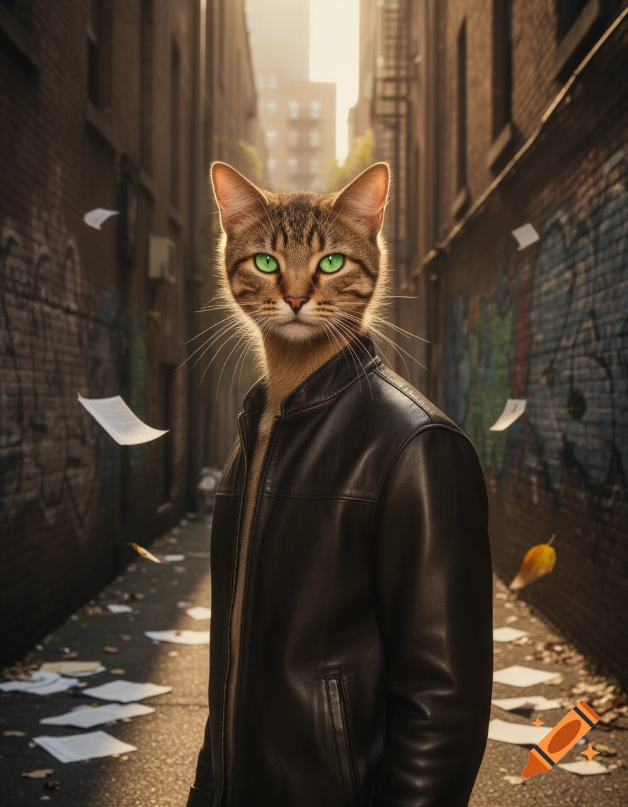 A photorealistic cat-headed man in a leather jacket stands in a sunlit urban alleyway with papers scattered on the ground.