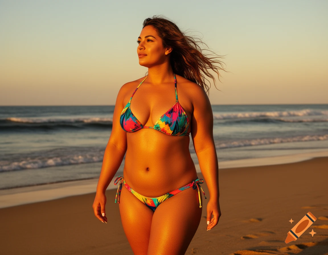 A photorealistic image of a woman in a colorful bikini walking on a beach at sunset with the ocean in the background.