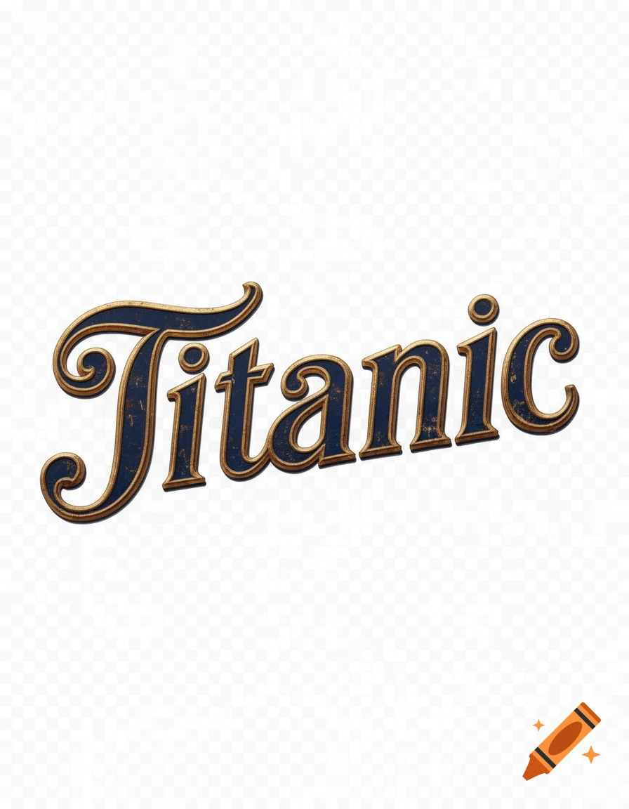 The word Titanic rendered in a stylized, dark blue and gold, vintage-style font with a transparent background.