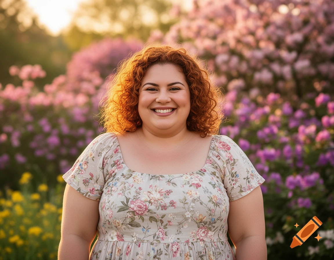 Photorealistic portrait of a smiling woman with red curly hair in a floral dress, standing in a sunny garden with pink and yellow flowers.