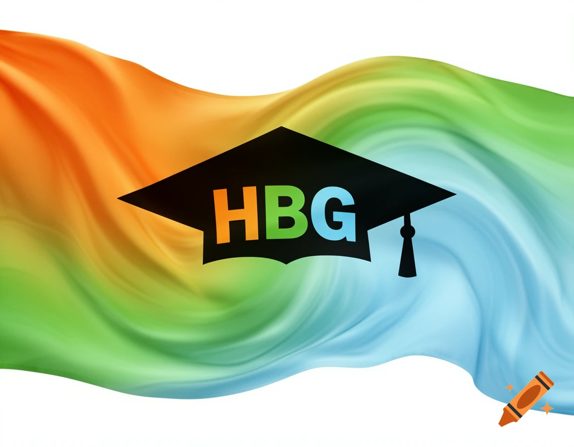 Black graduation cap with orange, green, and light blue 'HBG' text, on a flowing gradient background.