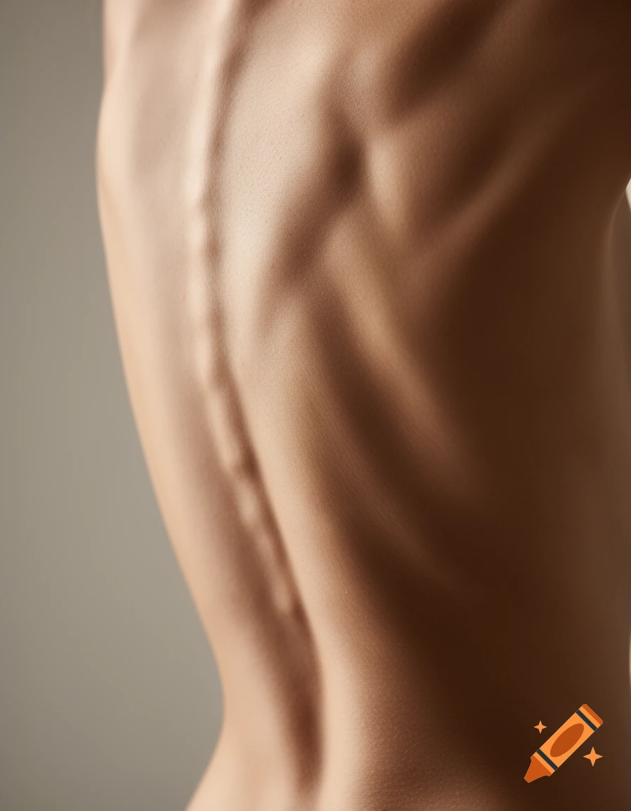 Close-up of a lean human back, emphasizing the prominent spine and shoulder blades with detailed skin texture.