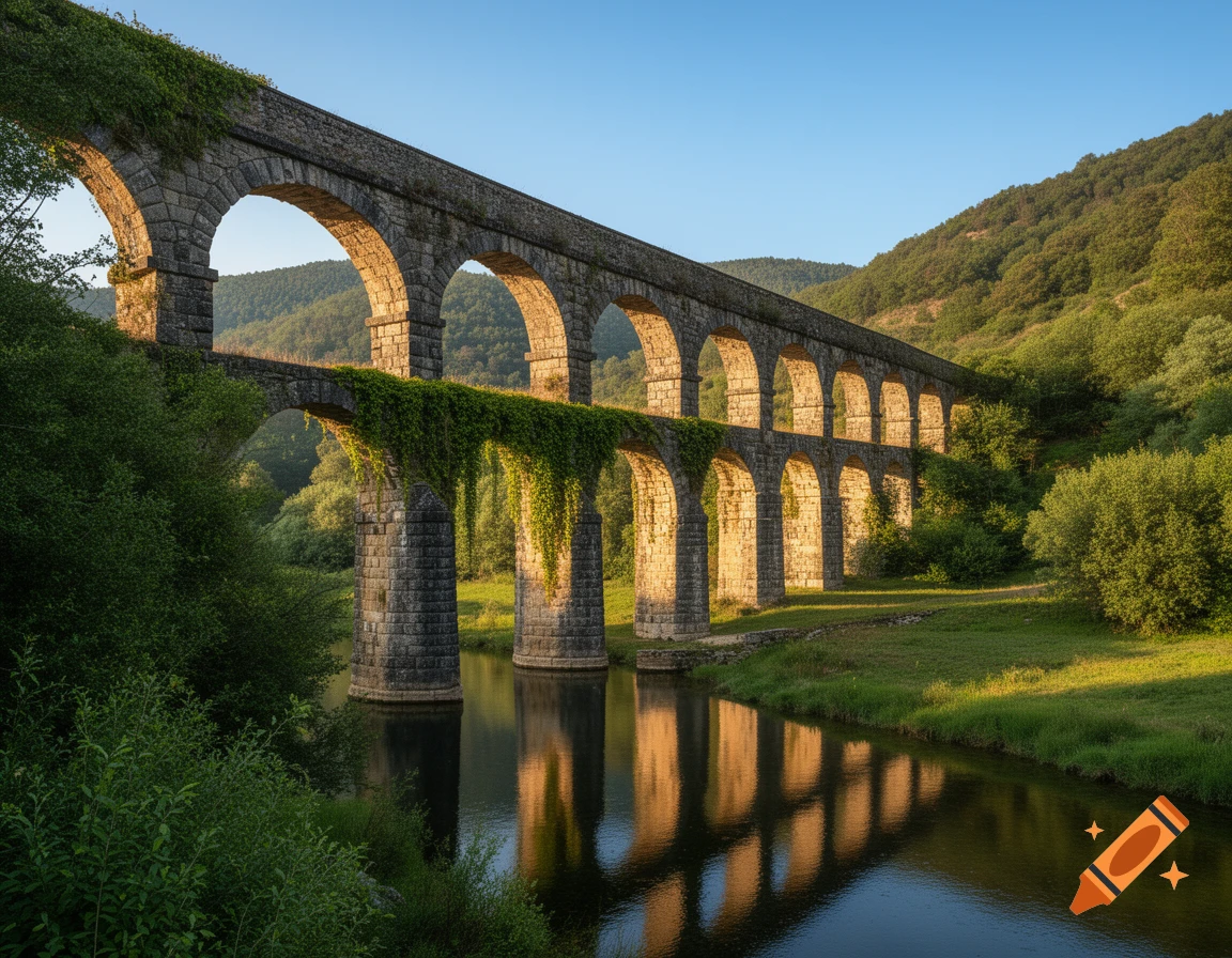 A ancient stone aqueduct with multiple arches, partially covered in ivy, spans a river in a lush green valley at sunset.