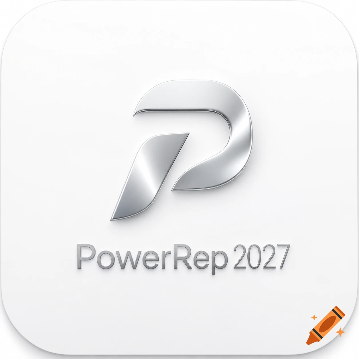 A shiny silver 'P' logo above 'PowerRep 2027' text on a white rounded square app icon.