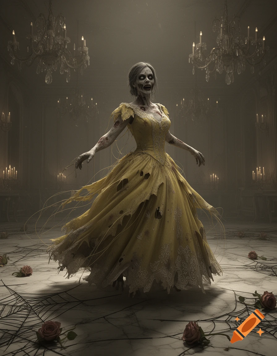 A zombie woman in a tattered yellow ball gown stands in a decaying, candlelit ballroom with cobwebs and scattered roses.