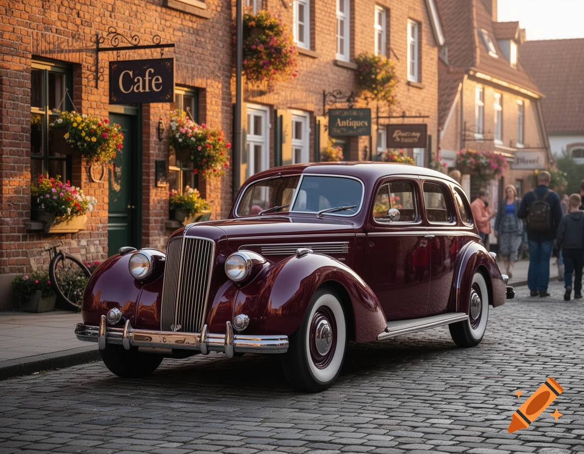 A burgundy classic car parked on a cobblestone street in front of brick buildings with a cafe sign.
