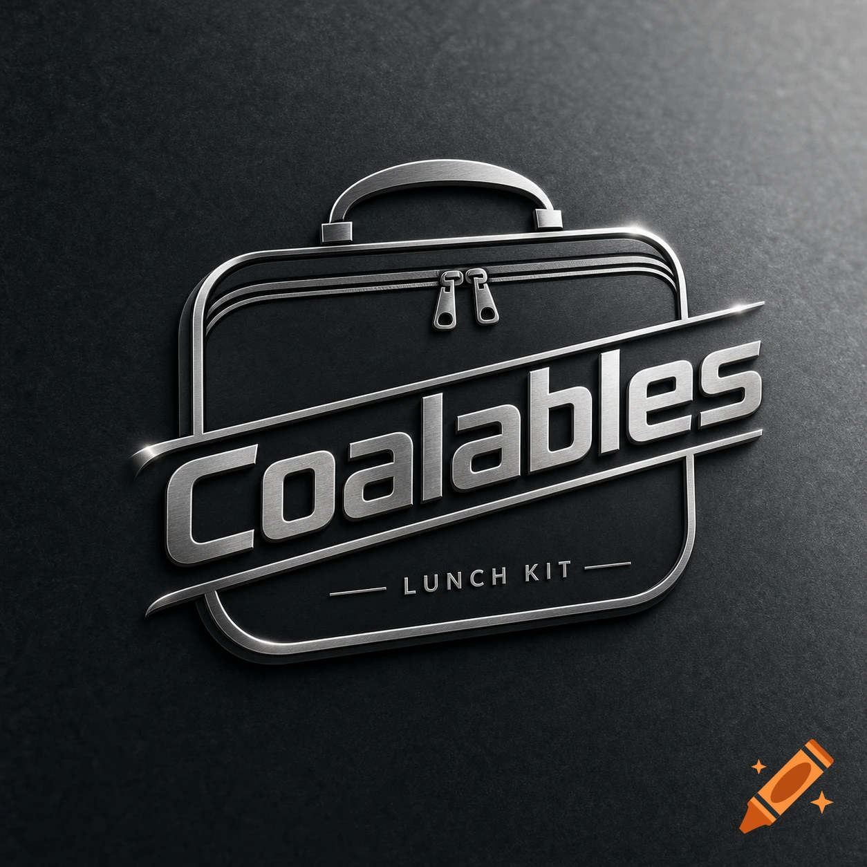 A metallic silver logo for Coalables Lunch Kit, stylized as a briefcase, on a dark textured background.