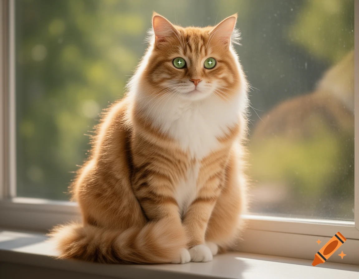 A fluffy golden tabby cat with a white chest and luminous green eyes sits on a sunlit windowsill.