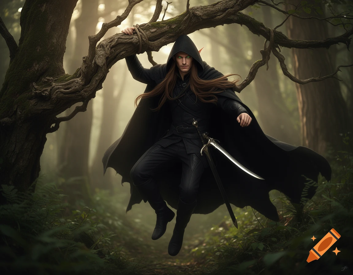 A male elf with long brown hair, green eyes, and a black hooded cloak hangs from a mossy tree branch in a misty forest, holding a sword.