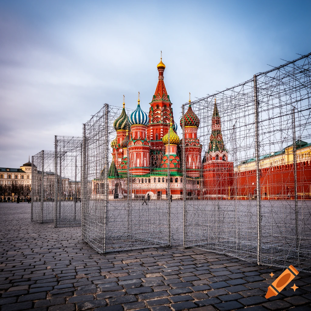 Photorealistic view of St. Basil's Cathedral and Red Square, partially enclosed by wire mesh cages under a cloudy sky.