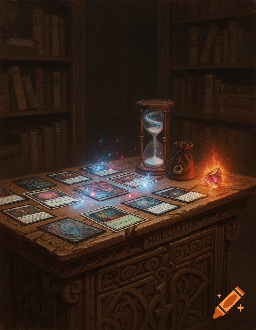 An ornate wooden table serving as a wizard's sideboard, with glowing fantasy trading cards, a magical hourglass, a pouch, and a glowing gemstone, set in a dimly lit study. Painted art style.