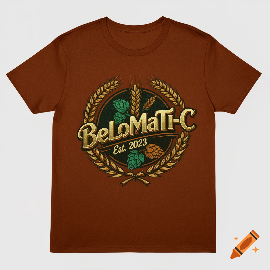 A brown t-shirt with a gold and green logo featuring a wreath of wheat, hops, and the text 'BeLoMaTi-C Est. 2023'.